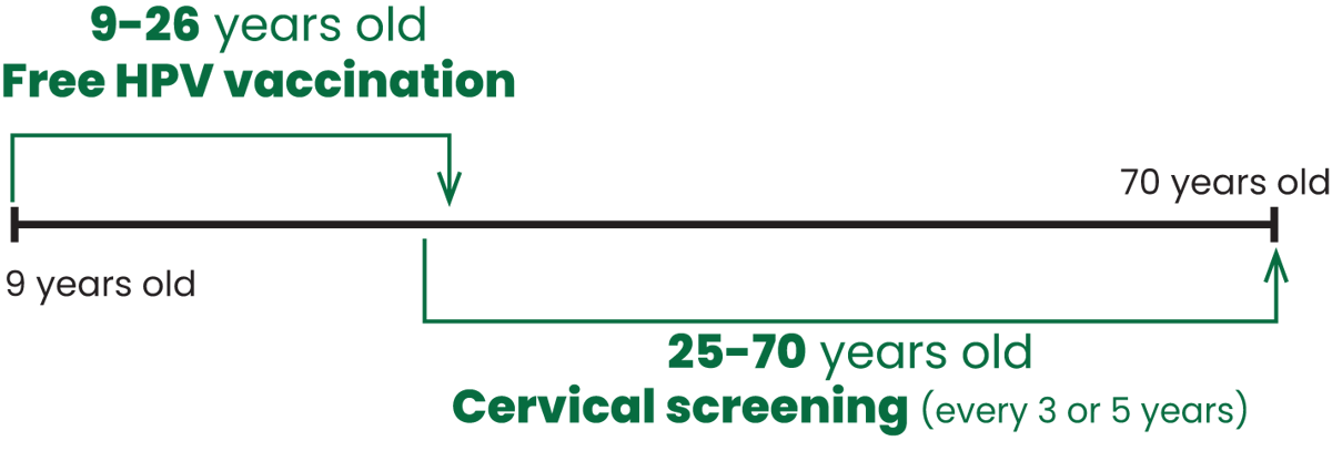 A graphic showing that free HPV vaccination is available from ages 9 to 26, and cervical screening is recommended every three or five years between the ages of 25 and 70.