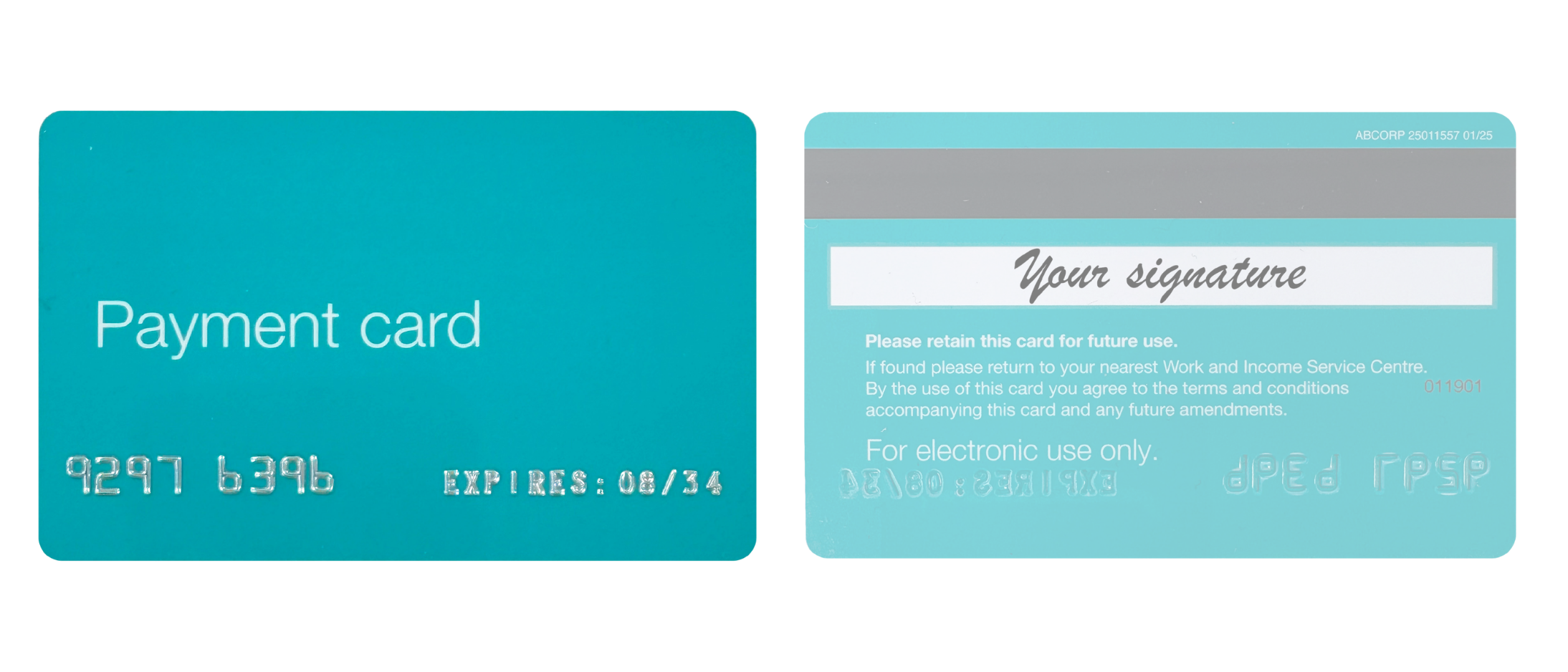 A sample Work and Income NZ payment card