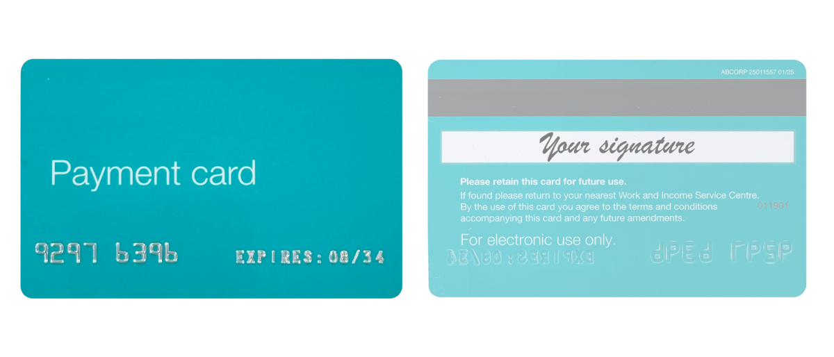 A sample Work and Income NZ payment card